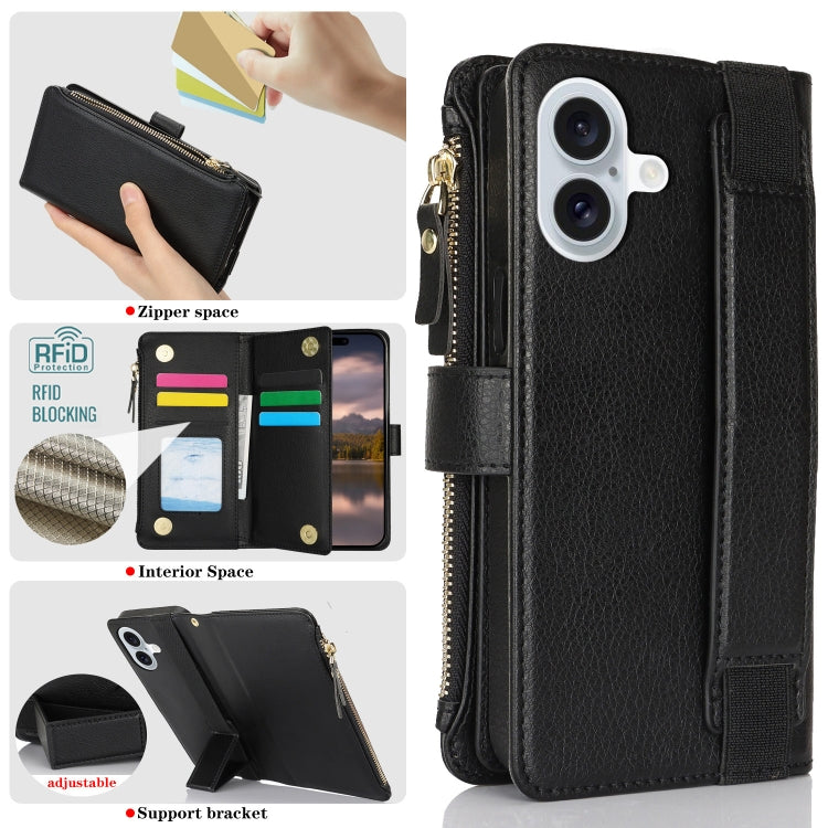 For iPhone 16 Plus Wristband Holder Zipper Purse RFID Leather Phone Case(Black) - iPhone 16 Plus Cases by buy2fix | Online Shopping UK | buy2fix
