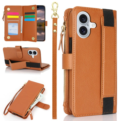 For iPhone 16 Plus Wristband Holder Zipper Purse RFID Leather Phone Case(Brown) - iPhone 16 Plus Cases by buy2fix | Online Shopping UK | buy2fix