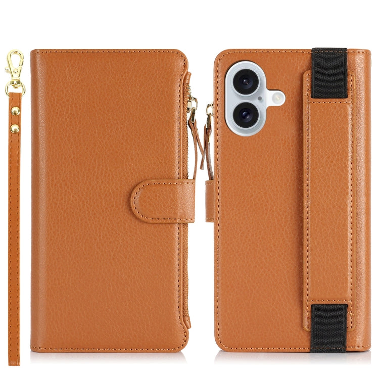 For iPhone 16 Plus Wristband Holder Zipper Purse RFID Leather Phone Case(Brown) - iPhone 16 Plus Cases by buy2fix | Online Shopping UK | buy2fix