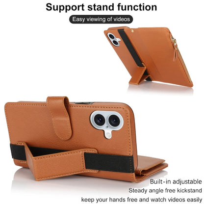For iPhone 16 Plus Wristband Holder Zipper Purse RFID Leather Phone Case(Brown) - iPhone 16 Plus Cases by buy2fix | Online Shopping UK | buy2fix