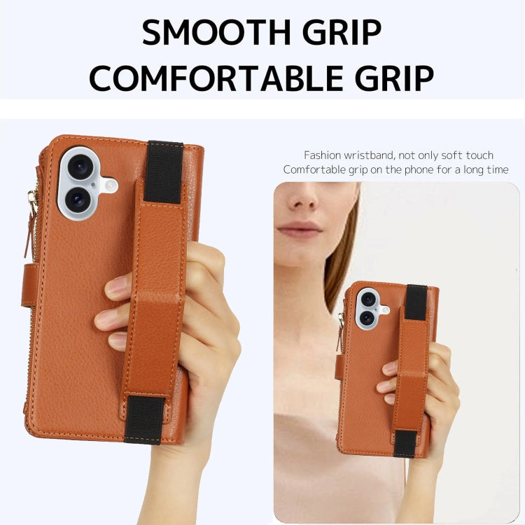 For iPhone 16 Plus Wristband Holder Zipper Purse RFID Leather Phone Case(Brown) - iPhone 16 Plus Cases by buy2fix | Online Shopping UK | buy2fix