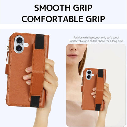 For iPhone 16 Plus Wristband Holder Zipper Purse RFID Leather Phone Case(Brown) - iPhone 16 Plus Cases by buy2fix | Online Shopping UK | buy2fix