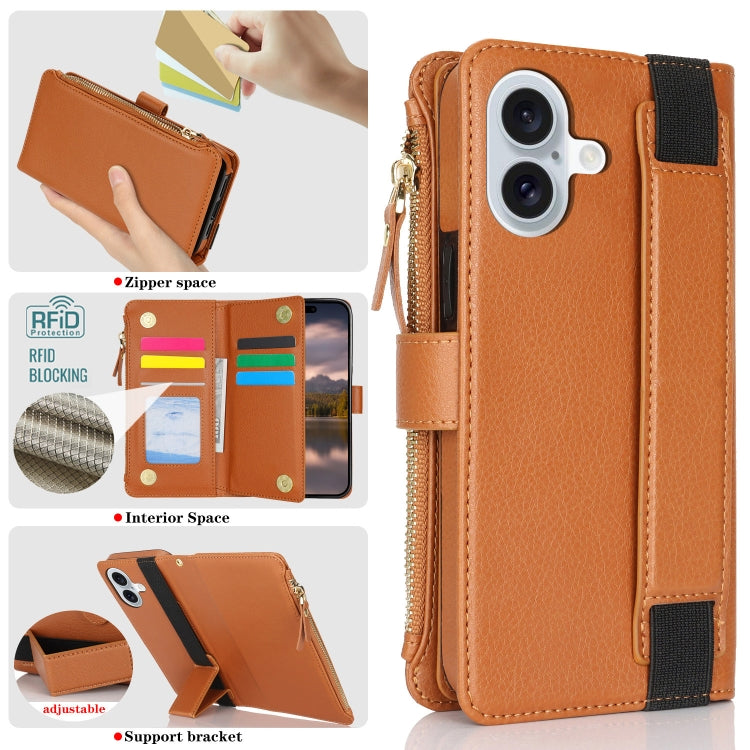 For iPhone 16 Plus Wristband Holder Zipper Purse RFID Leather Phone Case(Brown) - iPhone 16 Plus Cases by buy2fix | Online Shopping UK | buy2fix