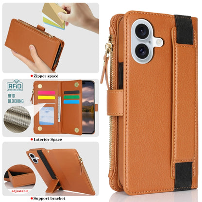 For iPhone 16 Plus Wristband Holder Zipper Purse RFID Leather Phone Case(Brown) - iPhone 16 Plus Cases by buy2fix | Online Shopping UK | buy2fix