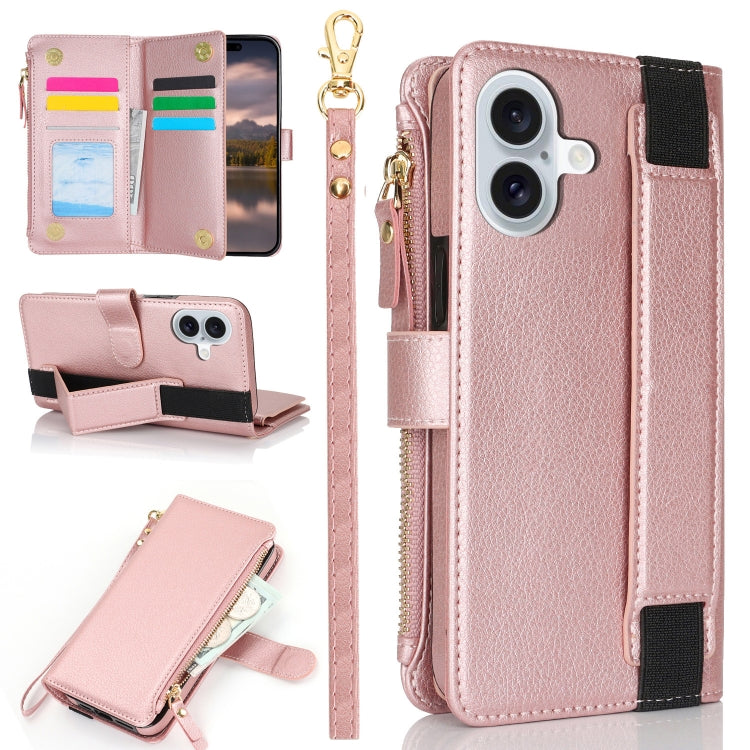 For iPhone 16 Plus Wristband Holder Zipper Purse RFID Leather Phone Case(Rose Gold) - iPhone 16 Plus Cases by buy2fix | Online Shopping UK | buy2fix