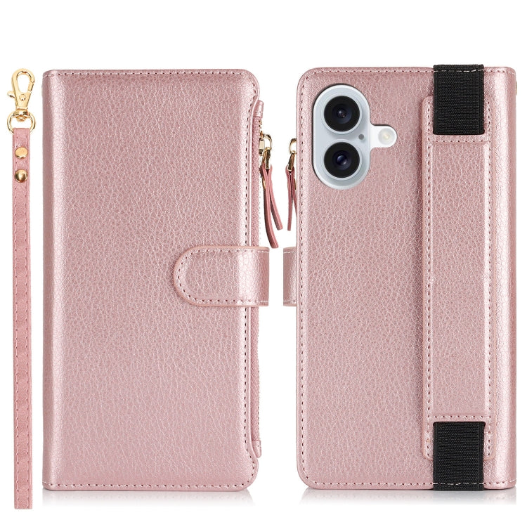For iPhone 16 Plus Wristband Holder Zipper Purse RFID Leather Phone Case(Rose Gold) - iPhone 16 Plus Cases by buy2fix | Online Shopping UK | buy2fix