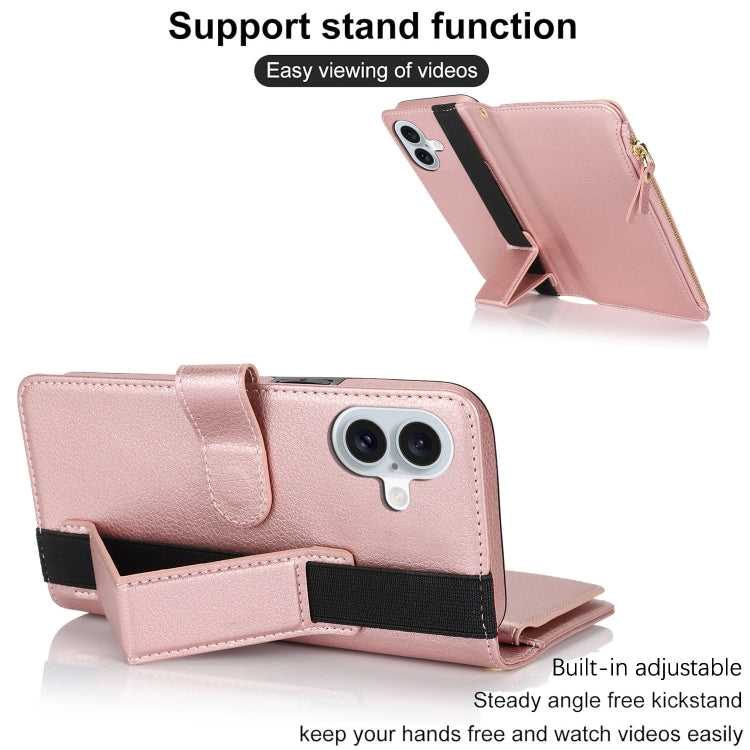 For iPhone 16 Plus Wristband Holder Zipper Purse RFID Leather Phone Case(Rose Gold) - iPhone 16 Plus Cases by buy2fix | Online Shopping UK | buy2fix