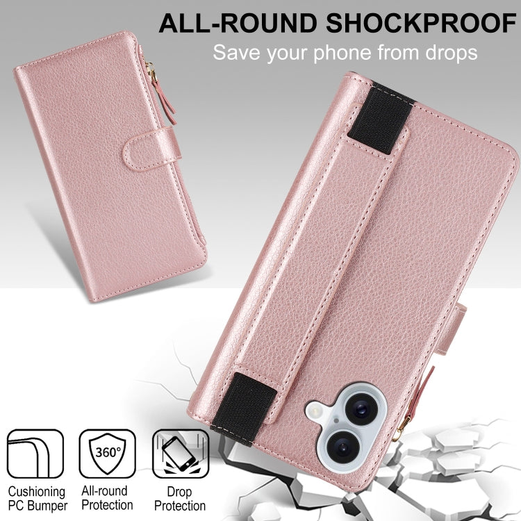 For iPhone 16 Plus Wristband Holder Zipper Purse RFID Leather Phone Case(Rose Gold) - iPhone 16 Plus Cases by buy2fix | Online Shopping UK | buy2fix