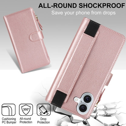 For iPhone 16 Plus Wristband Holder Zipper Purse RFID Leather Phone Case(Rose Gold) - iPhone 16 Plus Cases by buy2fix | Online Shopping UK | buy2fix