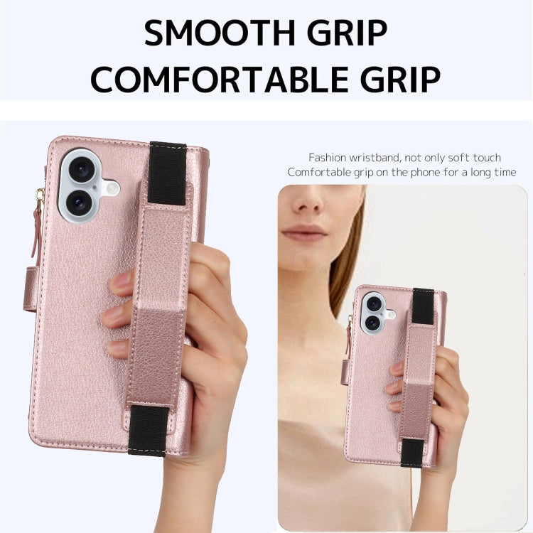 For iPhone 16 Plus Wristband Holder Zipper Purse RFID Leather Phone Case(Rose Gold) - iPhone 16 Plus Cases by buy2fix | Online Shopping UK | buy2fix