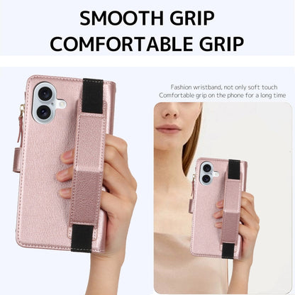 For iPhone 16 Plus Wristband Holder Zipper Purse RFID Leather Phone Case(Rose Gold) - iPhone 16 Plus Cases by buy2fix | Online Shopping UK | buy2fix