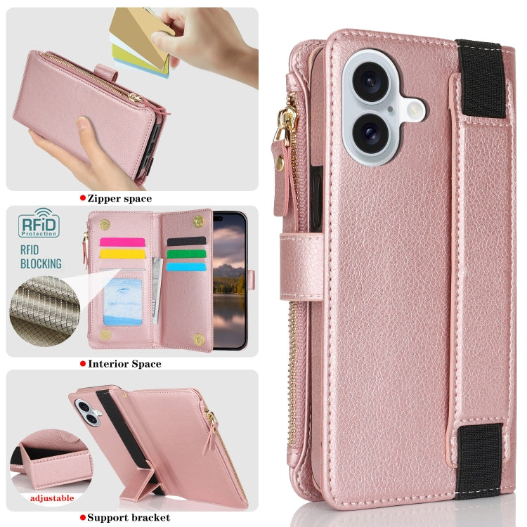 For iPhone 16 Plus Wristband Holder Zipper Purse RFID Leather Phone Case(Rose Gold) - iPhone 16 Plus Cases by buy2fix | Online Shopping UK | buy2fix