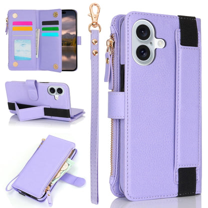 For iPhone 16 Plus Wristband Holder Zipper Purse RFID Leather Phone Case(Purple) - iPhone 16 Plus Cases by buy2fix | Online Shopping UK | buy2fix