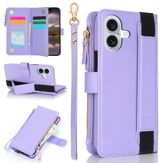 For iPhone 16 Plus Wristband Holder Zipper Purse RFID Leather Phone Case(Purple) - iPhone 16 Plus Cases by buy2fix | Online Shopping UK | buy2fix