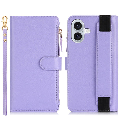 For iPhone 16 Plus Wristband Holder Zipper Purse RFID Leather Phone Case(Purple) - iPhone 16 Plus Cases by buy2fix | Online Shopping UK | buy2fix