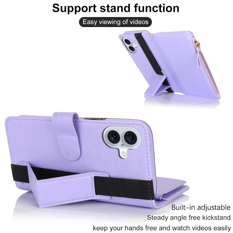 For iPhone 16 Plus Wristband Holder Zipper Purse RFID Leather Phone Case(Purple) - iPhone 16 Plus Cases by buy2fix | Online Shopping UK | buy2fix