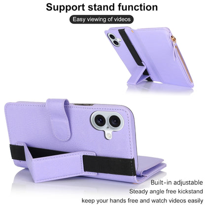 For iPhone 16 Plus Wristband Holder Zipper Purse RFID Leather Phone Case(Purple) - iPhone 16 Plus Cases by buy2fix | Online Shopping UK | buy2fix