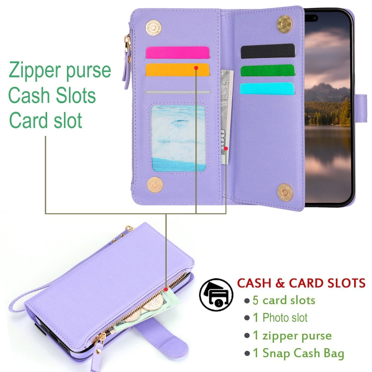 For iPhone 16 Plus Wristband Holder Zipper Purse RFID Leather Phone Case(Purple) - iPhone 16 Plus Cases by buy2fix | Online Shopping UK | buy2fix