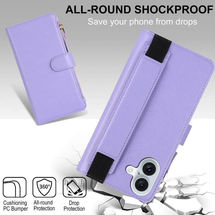 For iPhone 16 Plus Wristband Holder Zipper Purse RFID Leather Phone Case(Purple) - iPhone 16 Plus Cases by buy2fix | Online Shopping UK | buy2fix