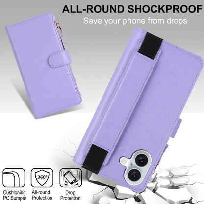 For iPhone 16 Plus Wristband Holder Zipper Purse RFID Leather Phone Case(Purple) - iPhone 16 Plus Cases by buy2fix | Online Shopping UK | buy2fix