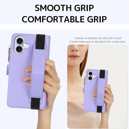For iPhone 16 Plus Wristband Holder Zipper Purse RFID Leather Phone Case(Purple) - iPhone 16 Plus Cases by buy2fix | Online Shopping UK | buy2fix