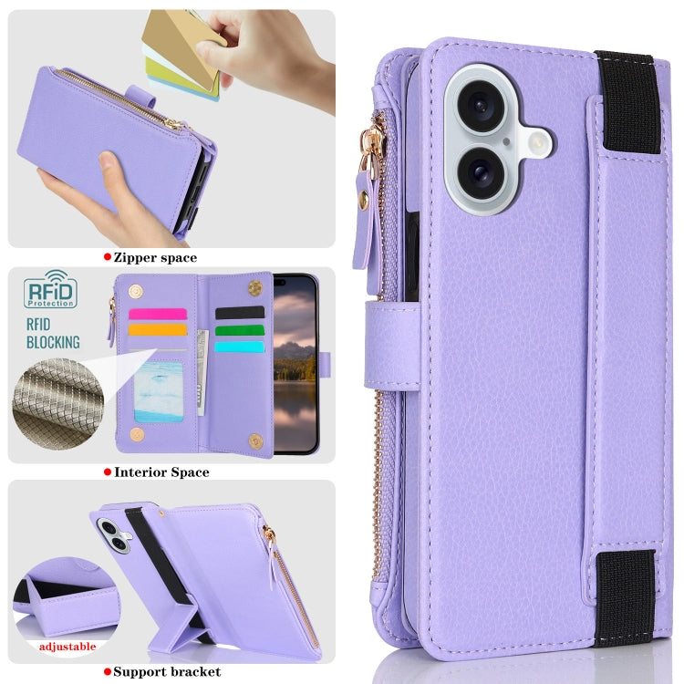 For iPhone 16 Plus Wristband Holder Zipper Purse RFID Leather Phone Case(Purple) - iPhone 16 Plus Cases by buy2fix | Online Shopping UK | buy2fix