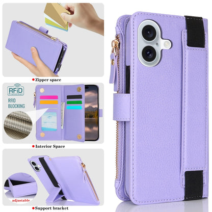 For iPhone 16 Plus Wristband Holder Zipper Purse RFID Leather Phone Case(Purple) - iPhone 16 Plus Cases by buy2fix | Online Shopping UK | buy2fix