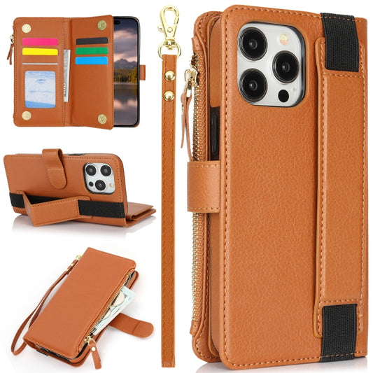 For iPhone 16 Pro Wristband Holder Zipper Purse RFID Leather Phone Case(Brown) - iPhone 16 Pro Cases by buy2fix | Online Shopping UK | buy2fix