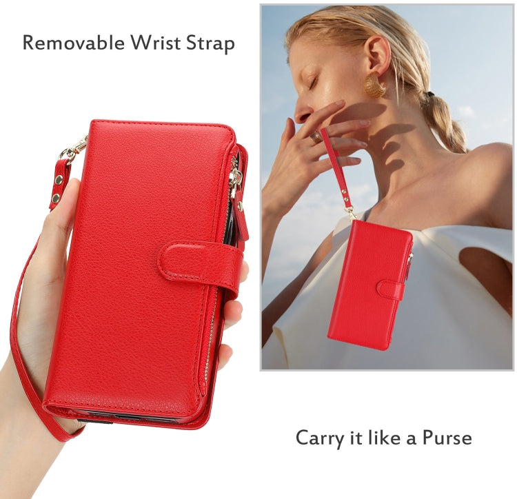 For iPhone 16 Pro Wristband Holder Zipper Purse RFID Leather Phone Case(Red) - iPhone 16 Pro Cases by buy2fix | Online Shopping UK | buy2fix