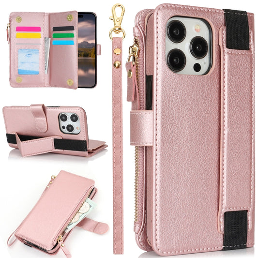 For iPhone 16 Pro Wristband Holder Zipper Purse RFID Leather Phone Case(Rose Gold) - iPhone 16 Pro Cases by buy2fix | Online Shopping UK | buy2fix