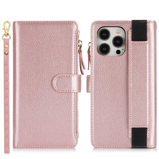 For iPhone 16 Pro Wristband Holder Zipper Purse RFID Leather Phone Case(Rose Gold) - iPhone 16 Pro Cases by buy2fix | Online Shopping UK | buy2fix