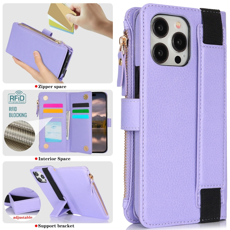 For iPhone 16 Pro Wristband Holder Zipper Purse RFID Leather Phone Case(Purple) - iPhone 16 Pro Cases by buy2fix | Online Shopping UK | buy2fix