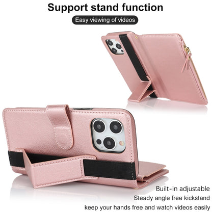 For iPhone 16 Pro Max Wristband Holder Zipper Purse RFID Leather Phone Case(Rose Gold) -  by buy2fix | Online Shopping UK | buy2fix