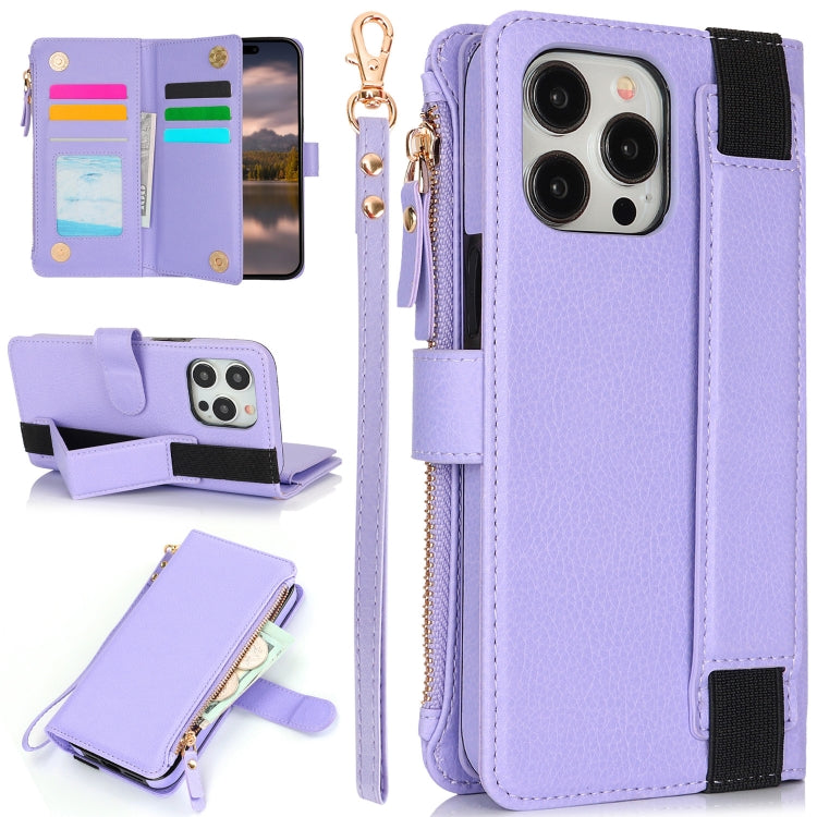 For iPhone 16 Pro Max Wristband Holder Zipper Purse RFID Leather Phone Case(Purple) -  by buy2fix | Online Shopping UK | buy2fix