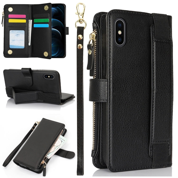 For iPhone XS / X Wristband Holder Zipper Purse RFID Leather Phone Case(Black) - More iPhone Cases by buy2fix | Online Shopping UK | buy2fix