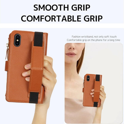For iPhone XS / X Wristband Holder Zipper Purse RFID Leather Phone Case(Brown) - More iPhone Cases by buy2fix | Online Shopping UK | buy2fix