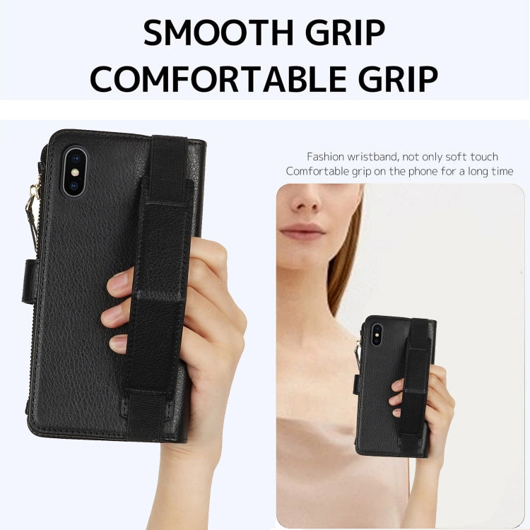 For iPhone XS Max Wristband Holder Zipper Purse RFID Leather Phone Case(Black) - More iPhone Cases by buy2fix | Online Shopping UK | buy2fix