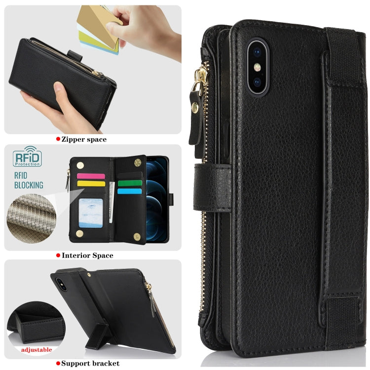 For iPhone XS Max Wristband Holder Zipper Purse RFID Leather Phone Case(Black) - More iPhone Cases by buy2fix | Online Shopping UK | buy2fix