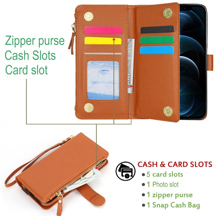 For iPhone XS Max Wristband Holder Zipper Purse RFID Leather Phone Case(Brown) - More iPhone Cases by buy2fix | Online Shopping UK | buy2fix