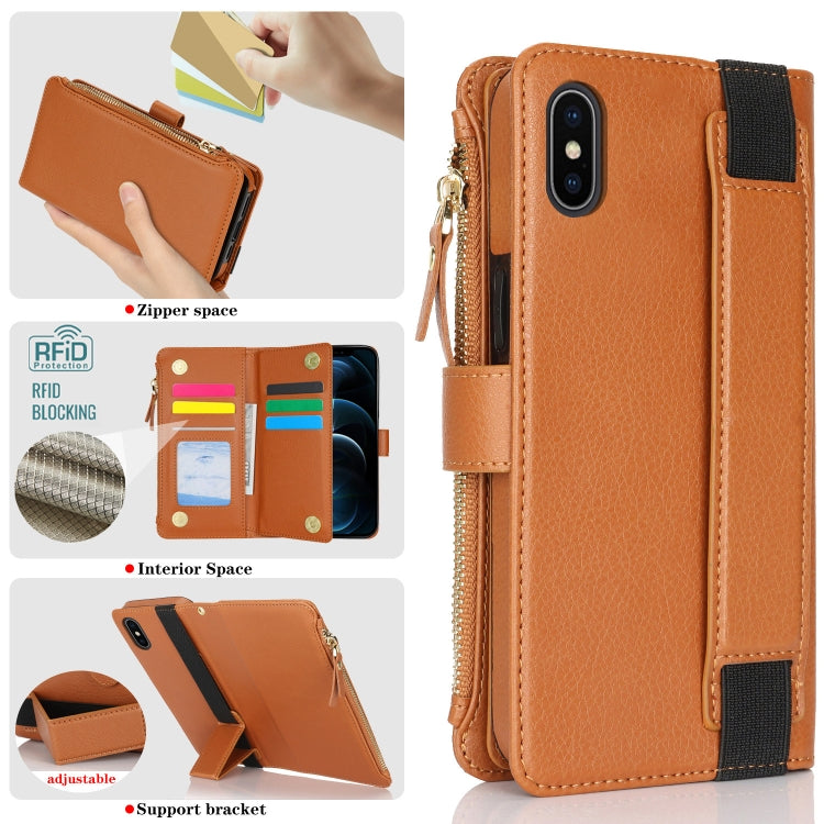 For iPhone XS Max Wristband Holder Zipper Purse RFID Leather Phone Case(Brown) - More iPhone Cases by buy2fix | Online Shopping UK | buy2fix