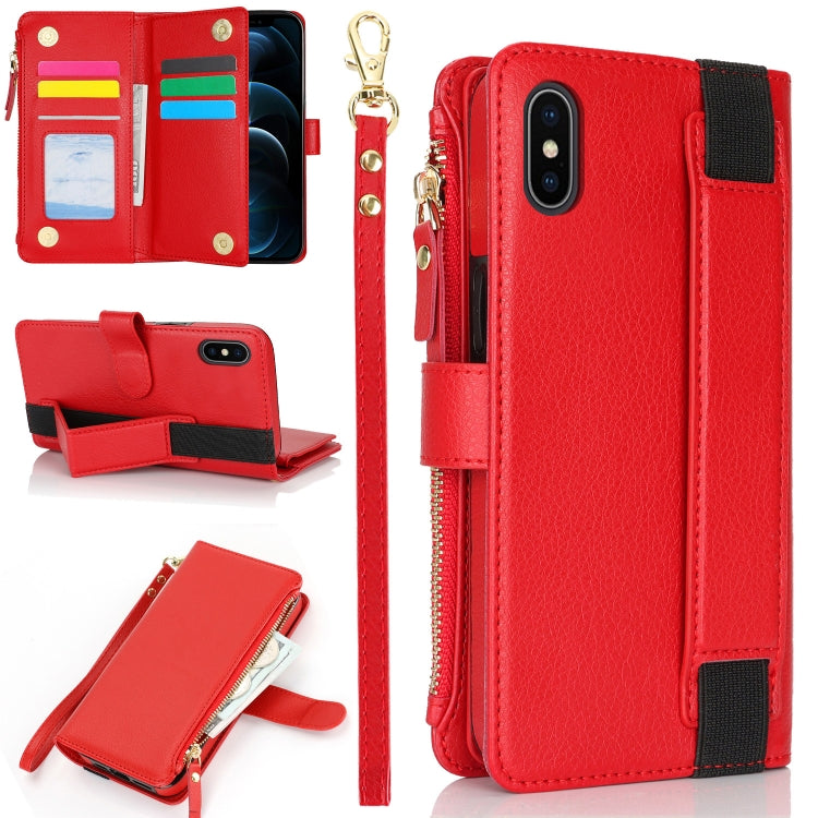 For iPhone XS Max Wristband Holder Zipper Purse RFID Leather Phone Case(Red) - More iPhone Cases by buy2fix | Online Shopping UK | buy2fix