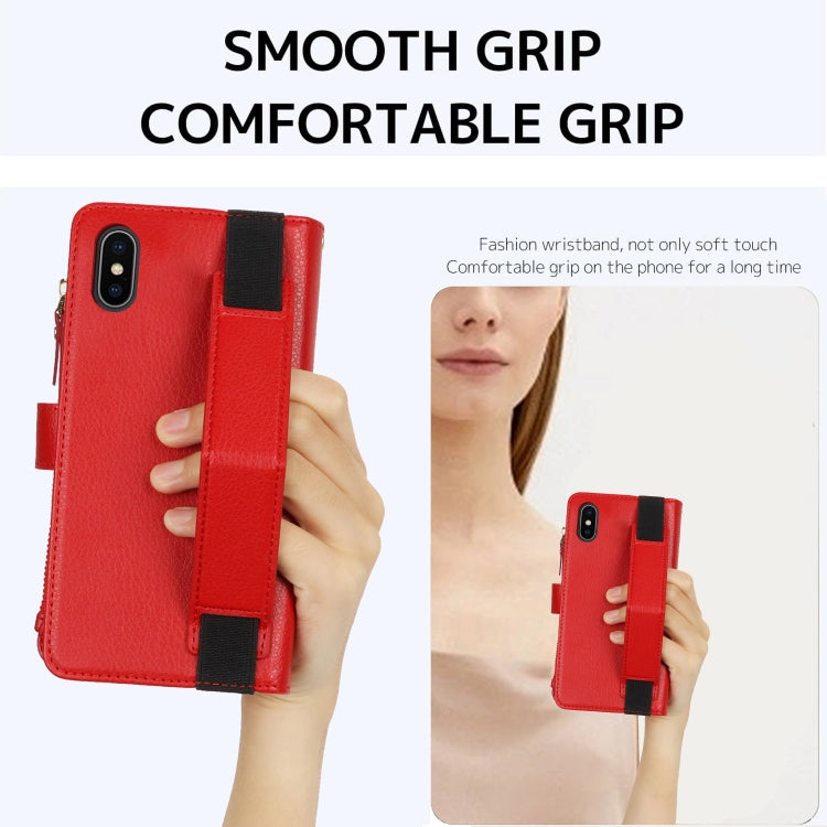 For iPhone XS Max Wristband Holder Zipper Purse RFID Leather Phone Case(Red) - More iPhone Cases by buy2fix | Online Shopping UK | buy2fix