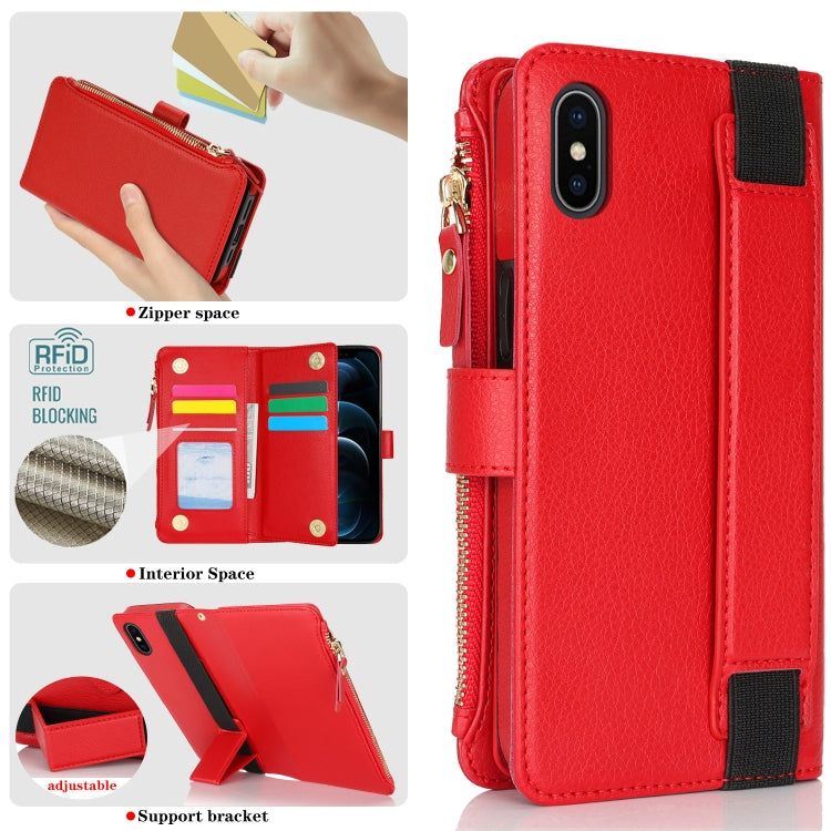 For iPhone XS Max Wristband Holder Zipper Purse RFID Leather Phone Case(Red) - More iPhone Cases by buy2fix | Online Shopping UK | buy2fix