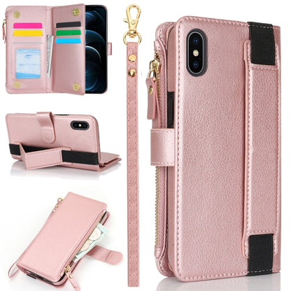 For iPhone XS Max Wristband Holder Zipper Purse RFID Leather Phone Case(Rose Gold) - More iPhone Cases by buy2fix | Online Shopping UK | buy2fix