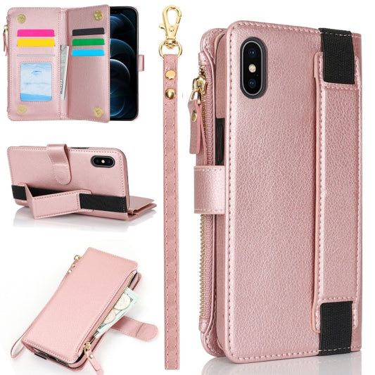 For iPhone XS Max Wristband Holder Zipper Purse RFID Leather Phone Case(Rose Gold) - More iPhone Cases by buy2fix | Online Shopping UK | buy2fix