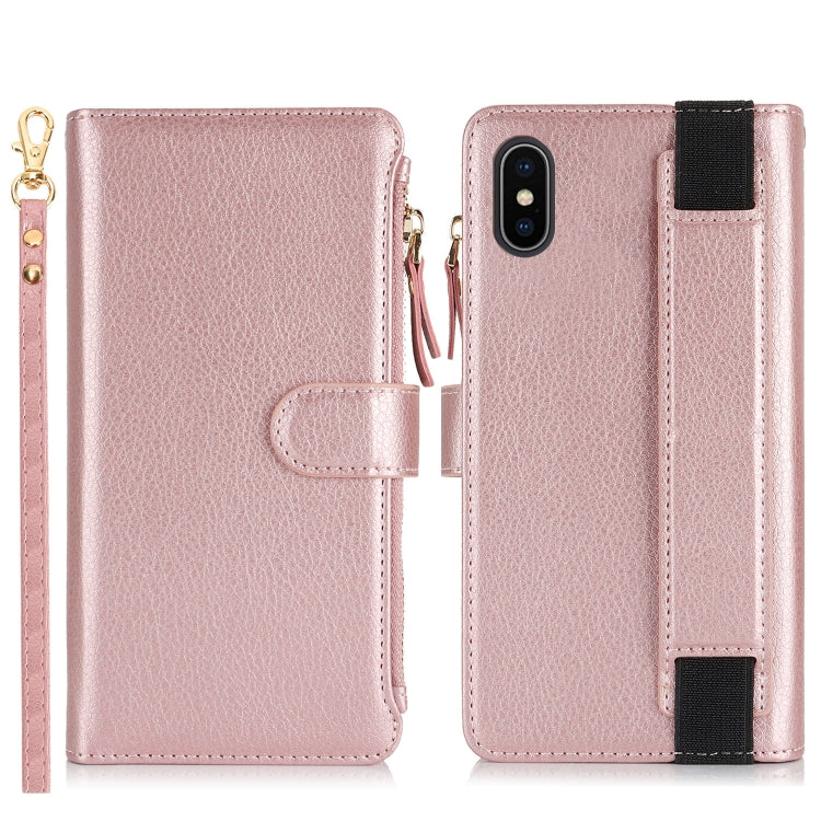 For iPhone XS Max Wristband Holder Zipper Purse RFID Leather Phone Case(Rose Gold) - More iPhone Cases by buy2fix | Online Shopping UK | buy2fix