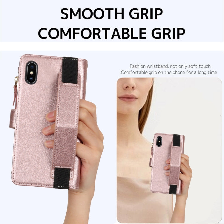 For iPhone XS Max Wristband Holder Zipper Purse RFID Leather Phone Case(Rose Gold) - More iPhone Cases by buy2fix | Online Shopping UK | buy2fix