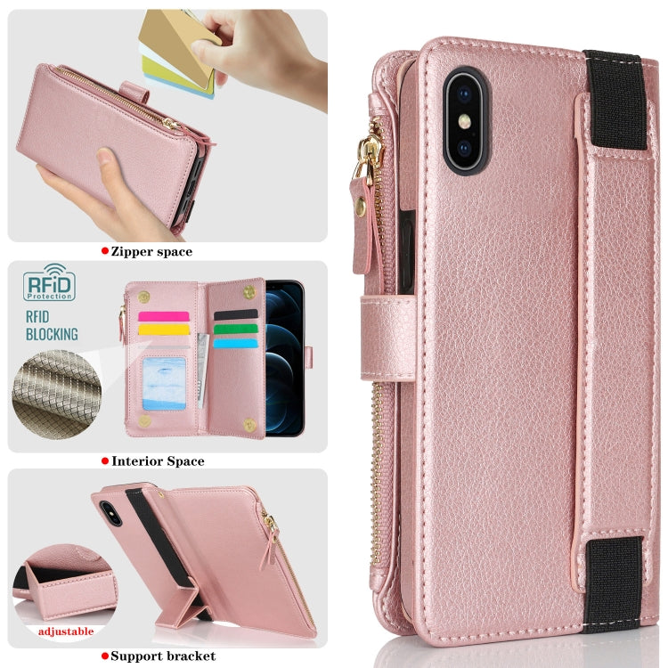 For iPhone XS Max Wristband Holder Zipper Purse RFID Leather Phone Case(Rose Gold) - More iPhone Cases by buy2fix | Online Shopping UK | buy2fix