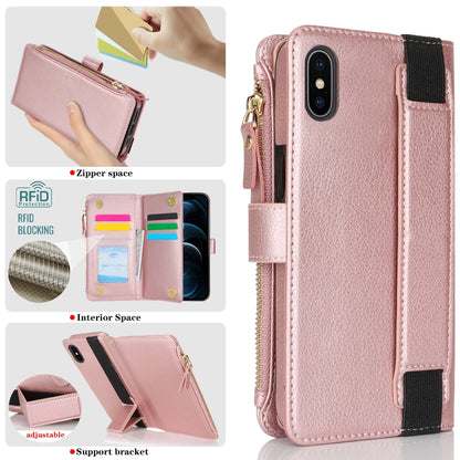 For iPhone XS Max Wristband Holder Zipper Purse RFID Leather Phone Case(Rose Gold) - More iPhone Cases by buy2fix | Online Shopping UK | buy2fix