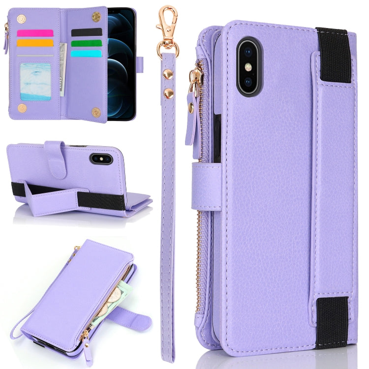 For iPhone XS Max Wristband Holder Zipper Purse RFID Leather Phone Case(Purple) - More iPhone Cases by buy2fix | Online Shopping UK | buy2fix